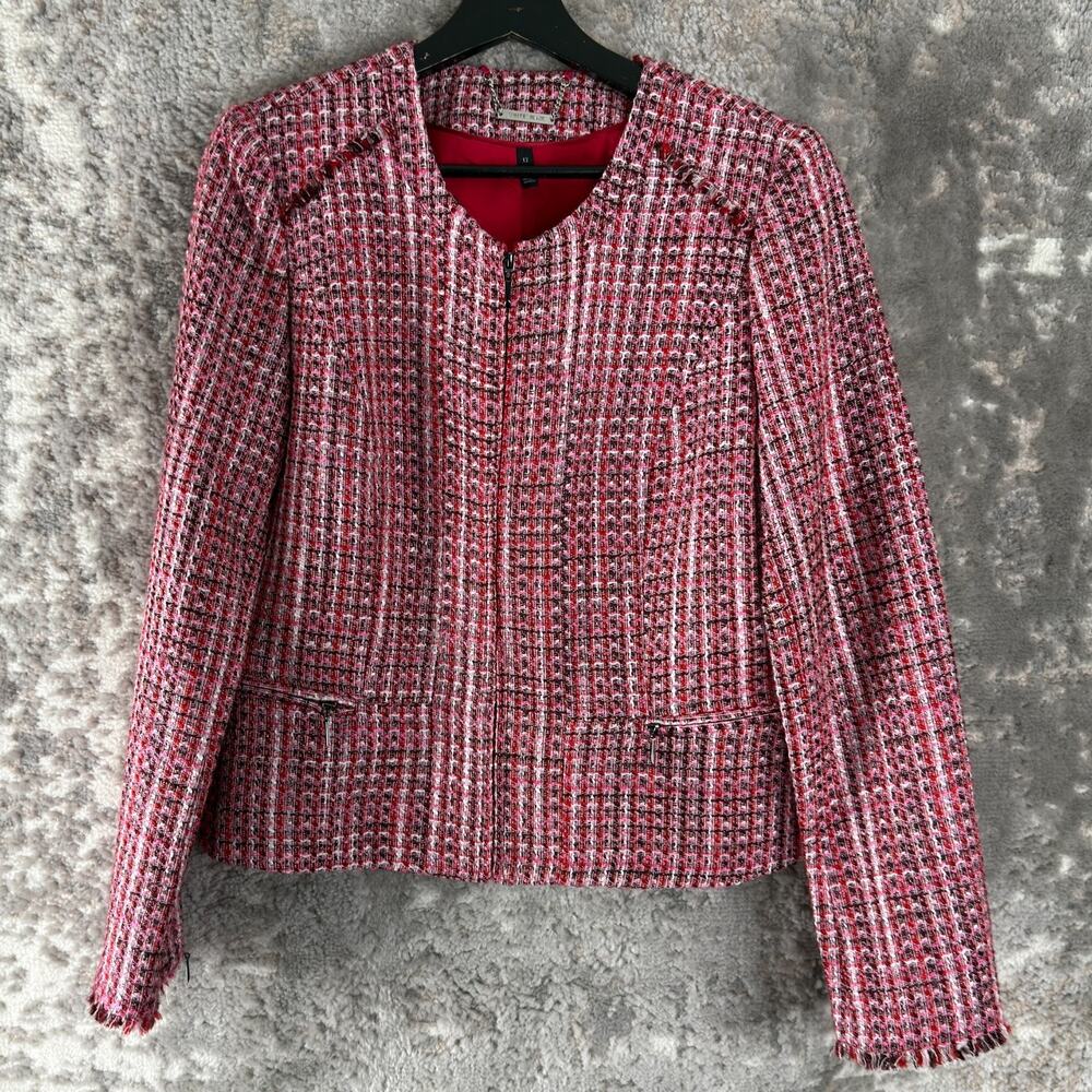 White House Black Market Sz 12 Herribone Career Tweed Jacket Skirt Set Pink Zip